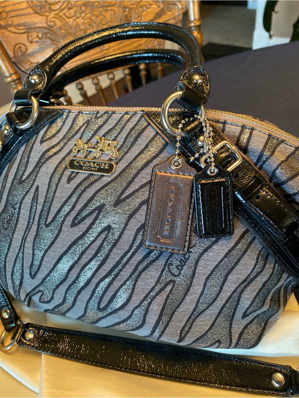 Coach Zebra-Print Dome Satchel in Black and Gray with Patent Trim